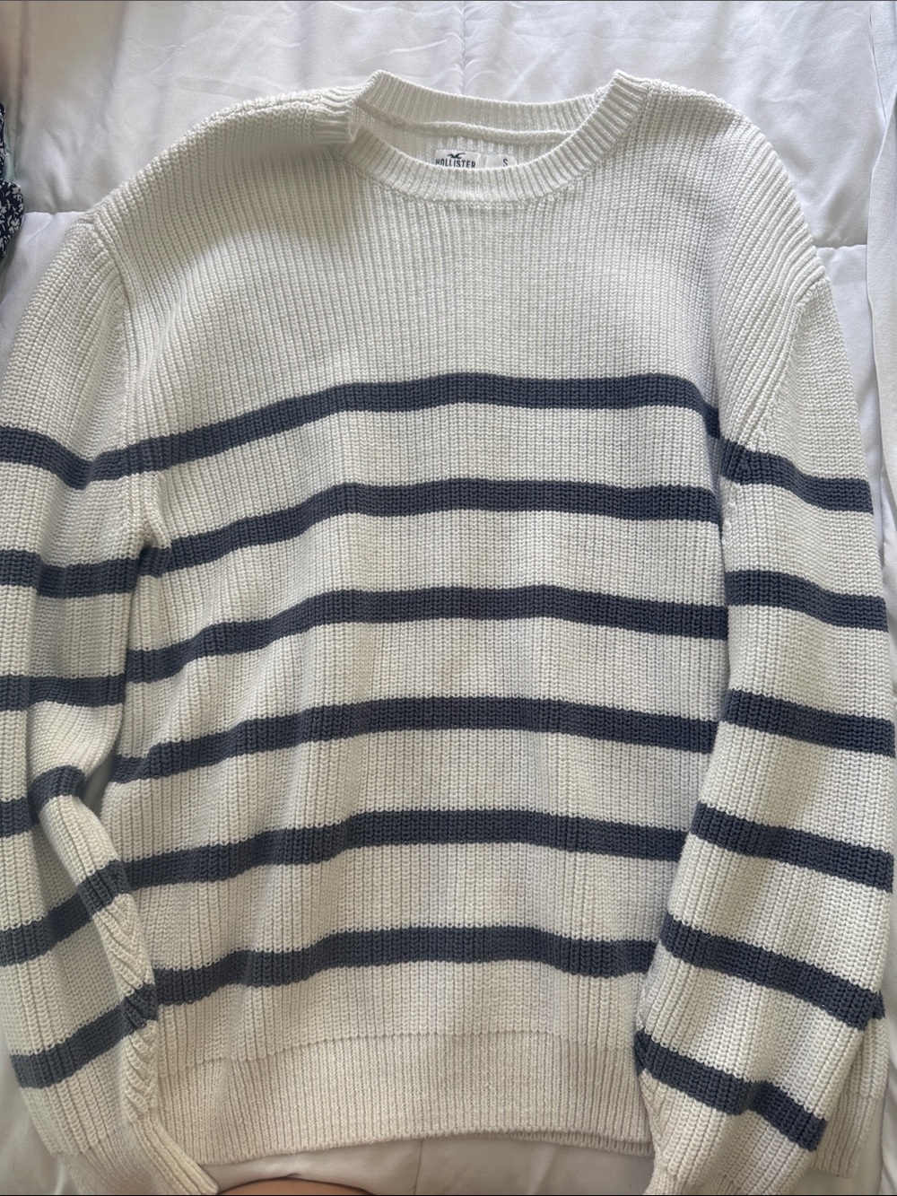 Hollister Cream Crewneck Sweater with Navy Stripes